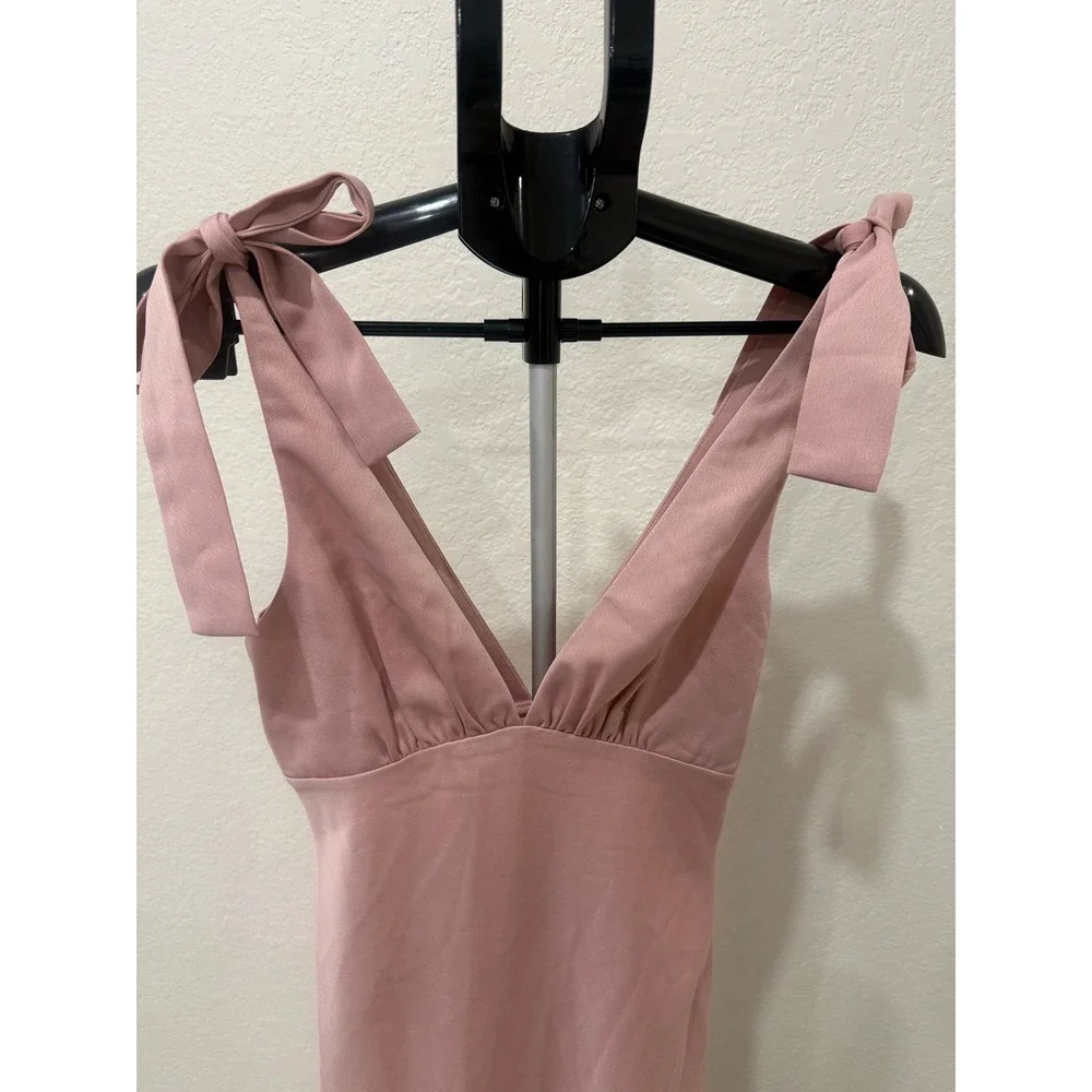 BHLDN Hudson Satin Charmeuse Dress 4 Blush‎ Pink Tie Shoulder V-Neck Midi Formal